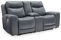 Signature Design by Ashley® U5950418 Mindanao - Steel - Power Reclining Loveseat With Console /Adj Hdrst