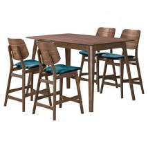 New Classic 45-D1651-DR4FC Oscar - Counter Wood Table - Walnut With 4 Teal Cushion Chairs - Brown / Blue