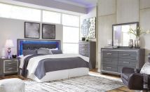 Signature Design by Ashley® B214/31/36/58/B100-66/92 Lodanna - Gray - 5 Pc. - Dresser, Mirror, King Upholstered Panel Headboard With Bolt On Bed Frame, Nightstand