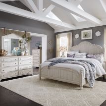 Liberty Furniture 652-BR-KPSDMC Farmhouse Reimagined - 4 Piece Bedroom Set (King Poster Bed, Dresser & Mirror, Chest) - Antique White / Chestnut Tops