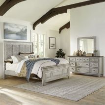 Liberty Furniture 824-BR-OKPBDM Liberty Furniture 824-BR-OKPBDM Heartland - 3 Piece Bedroom Set (King Panel Bed, Dresser & Mirror) - Antique White / Tobacco Tops