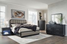 Ashley Furniture B821/31/36/46/58/56/91(2) Ashley Furniture B821/31/36/46/58/56/91(2) Rowanbeck - 7 Pc. - Dresser, Mirror, Chest, King Upholstered Panel Bed, 2 Nightstands - Gray / Black