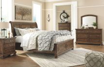Signature Design by Ashley® B719/31/36/46/77/74/98 Flynnter - Medium Brown - 6 Pc. - Dresser, Mirror, Chest, Queen Sleigh Bed With 2 Storage Drawers