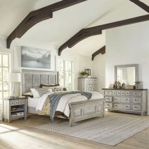 Liberty Furniture 824-BR-OKPBDMCN Liberty Furniture 824-BR-OKPBDMCN Heartland - 5 Piece Bedroom Set (King Panel Bed, Dresser & Mirror, Chest, Nightstand) - Antique White / Tobacco Tops