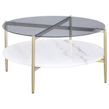 CoasterEveryday 710338 Jonelle - Round Glass Top Coffee Table White Marble Shelf Gold - Smoke