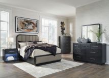 Ashley Furniture B821/31/36/46/57/54/91(2) Ashley Furniture B821/31/36/46/57/54/91(2) Rowanbeck - 7 Pc. - Dresser, Mirror, Chest, Queen Upholstered Panel Bed, 2 Nightstands - Gray / Black