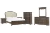 Pulaski Furniture P412-BR-K6-KIT5 Pulaski Furniture P412-BR-K6-KIT5 Saddle Creek - California King Upholstered Panel Bed, 2 Nightstands, Drawer Dresser With Mirror And Drawer Chest - Timber Brown