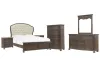 Pulaski Furniture P412-BR-K6-KIT9 Pulaski Furniture P412-BR-K6-KIT9 Saddle Creek - California King Upholstered Panel Bed, 2 Bachelor Chest, Drawer Dresser With Mirror And Drawer Chest - Timber Brown