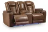 Ashley Furniture PCU1420018 Gruaro - Power Reclining Loveseat With Console / Adjustable Headrest - Amber