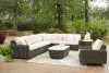 Ashley Furniture P711/854/846/877/821/701/702 Kimora - 7 Pc. - 4-Piece Outdoor Sectional, Swivel Glider Lounge, Cocktail Table, End Table - Beige / Dark Brown