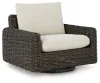Ashley Furniture P711/854/846/877/821/701/702 Kimora - 7 Pc. - 4-Piece Outdoor Sectional, Swivel Glider Lounge, Cocktail Table, End Table - Beige / Dark Brown