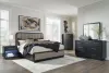 Ashley Furniture B821/31/36/46/58/56 Rowanbeck - 5 Pc. - Dresser, Mirror, Chest, King Upholstered Panel Bed - Gray / Black