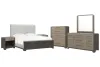 Pulaski Furniture P402-BR-K1-KIT10 Pulaski Furniture P402-BR-K1-KIT10 Anderson Park - Queen Upholstered Panel Bed, 2 Open Nightstands, Drawer Dresser With Mirror And Drawer Chest - Moose Trail / Frontier Brown