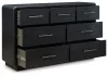 Ashley Furniture B821/31/36/46/58/94 Ashley Furniture B821/31/36/46/58/94 Rowanbeck - 5 Pc. - Dresser, Mirror, Chest, California King Upholstered Panel Bed - Gray / Black