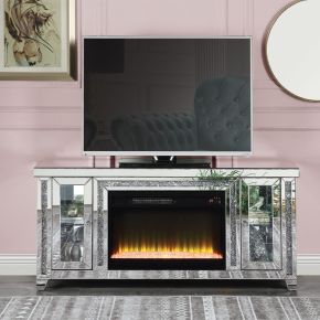 ACME LV00315 Noralie - TV Stand With Fireplace & LED - Mirrored & Faux Diamonds