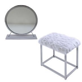 ACME AC00935 ACME AC00935 Adao - Vanity Mirror & Stool - Faux Fur, Mirror, White & Chrome