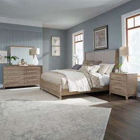 Liberty Furniture 789-BR-QUBDMN Brentwood - 4 Piece Bedroom Set (Queen Upholstered Bed, Dresser & Mirror, Nightstand) - Sandstone