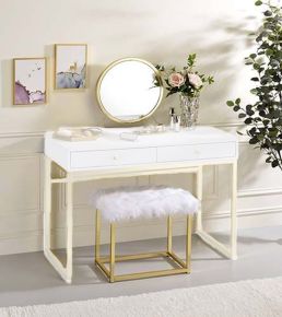 ACME AC00932 Adao - Vanity Mirror - Faux Fur, Mirror, White & Brass Finish