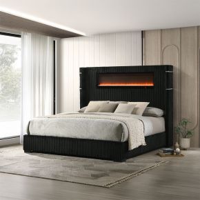 ACME BD06021EK Garner - Eastern King Bed With Fireplace, LED, Reading Light, Speaker, Bluetooth & USB - Black & Gray