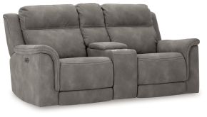 Signature Design by Ashley® 5930118 Next-Gen Durapella - Power Reclining Loveseat with Console/Adj Hdrst - Slate