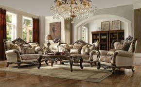 ACME 52115 Latisha - Sofa - Tan, Pattern Fabric & Antique Oak
