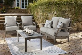 Signature Design by Ashley® P802/835/820/701 Visola - Gray - 4 Pc. - Outdoor Loveseat, 2 Lounge Chairs And Coffee Table