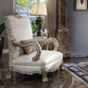 ACME 54877 Dresden II - Chair With Pillow - Pearl Synthetic Leather /Fabric & Gold Patina