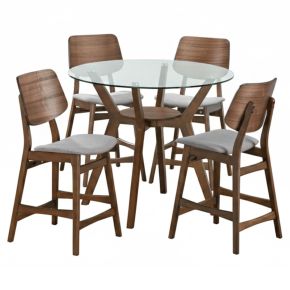 New Classic 45-D1651-DG4GC Oscar - Round Glass Counter Table With 4 Gray Cushion Chairs - Brown / Gray