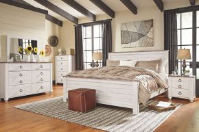 Signature Design by Ashley® B267/31/36/58/56/94/92(2) Willowton - 7 Pc. - Dresser, Mirror, California King Panel Bed, 2 Nightstands - Whitewash