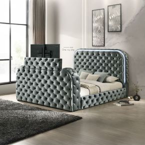ACME BD05071EK Kana - Eastern King Bed With LED, Fireplace & TV Stand - Gray Upholstery Velvet