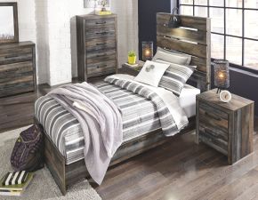 Signature Design by Ashley® B211/31/36/53/52/83 Drystan - 5 Pc. - Dresser, Mirror, Twin Panel Bed - Brown / Beige