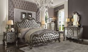 ACME 26840Q Versailles II - Queen Bed - Silver Synthetic Leather & Antique Platinum