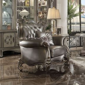 ACME 56822 Versailles - Chair With 2 Pillows - Silver Synthetic Leather & Antique Platinum