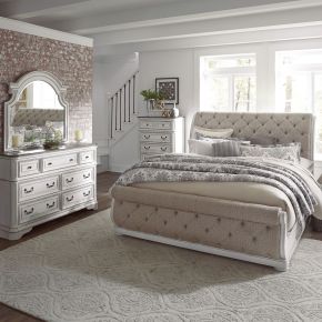 Liberty Furniture 244-BR-QUSLDMC Liberty Furniture 244-BR-QUSLDMC Magnolia Manor - 4 Piece Bedroom Set (Queen Upholstered Sleigh Bed, Dresser & Mirror, Chest) - Antique White