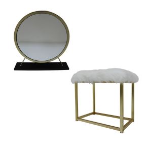ACME AC00931 Adao - Vanity Mirror & Stool - Faux Fur, Mirror, Black & Brass