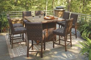Signature Design by Ashley® P750/665/130(4) Paradise Trail - 9 Pc. - Fire Pit Table, 8 Barstools - Medium Brown