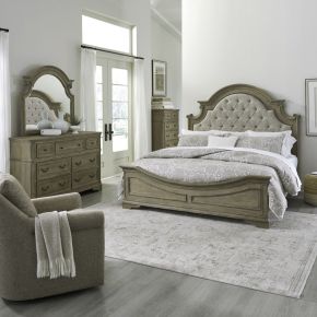 Liberty Furniture 244N-BR-QUBDMC Magnolia Manor - 4 Piece Bedroom Set (Queen Upholstered Bed, Dresser & Mirror, Chest) - Light Brown