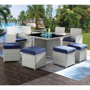 ACME 45075 Paitalyi - 9 Piece Bistro Set - Blue Fabric & Wicker
