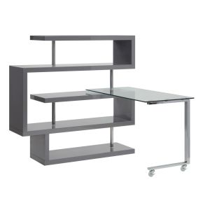 ACME 93181 ACME 93181 Buck II - Writing Desk With Bookshelf - Clear Glass, Chrome & Gray High Gloss