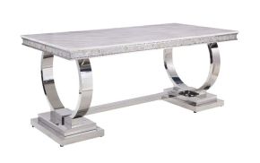 ACME 68250 Zander - Dining Table - White Printed Faux Marble & Mirrored Silver Finish