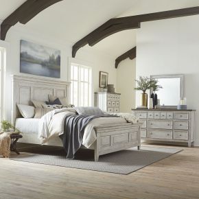 Liberty Furniture 824-BR-KPBDMC Heartland - 4 Piece Bedroom Set (King Panel Bed, Dresser & Mirror, Chest) - Antique White & Tobacco Tops