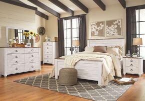 Signature Design by Ashley® B267/31/36/46/57/54/98/92(2) Willowton - 8 Pc. - Dresser, Mirror, Chest, Queen Panel Bed, 2 Nightstands - Whitewash