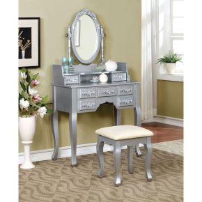 Furniture of America CM-DK6845SV Harriet - Vanity With Stool - Silver