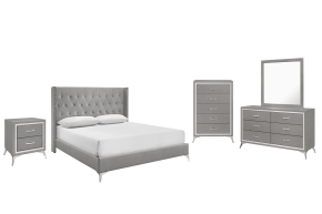 New Classic 00-3365G-15C Huxley - 6/6 Eastern King 5 Piece Bedroom Set (Bed & Dresser & Mirror & Nightstand & Chest) - Gray