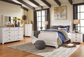 Signature Design by Ashley® B267/31/36/46/77/74/96 Willowton - 6 Pc. - Dresser, Mirror, Chest, Queen Sleigh Bed - Whitewash