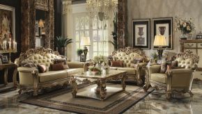 ACME 53000 ACME 53000 Vendome - Sofa With 4 Pillows - Bone Synthetic Leather & Gold Patina