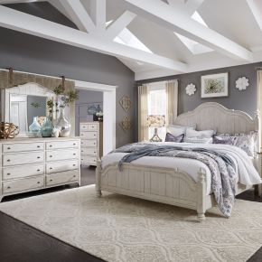 Liberty Furniture 652-BR-KPSDMC Farmhouse Reimagined - 4 Piece Bedroom Set (King Poster Bed, Dresser & Mirror, Chest) - Antique White / Chestnut Tops