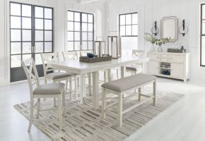 Ashley Furniture D642/32/124(3)/09/60 Ashley Furniture D642/32/124(3)/09/60 Robbinsdale - 9 Pc. - Rectangular Counter Height Dining Extension Table, 6 Barstools, Bench, Server - Antique White
