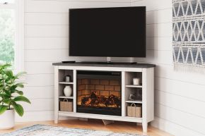 Signature Design by Ashley® W287/67/W100-101 Dorrinson - White / Black / Gray - Corner TV Stand With Faux Firebrick Fireplace Insert