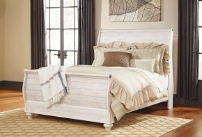 Signature Design by Ashley® B267/77/74/96 Willowton - Queen Sleigh Bed with Faux Plank Design - Whitewash